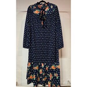 60's Vintage Navy Blue Floral Prairie Dress Long Sleeve Maxi Boho Cottagecore